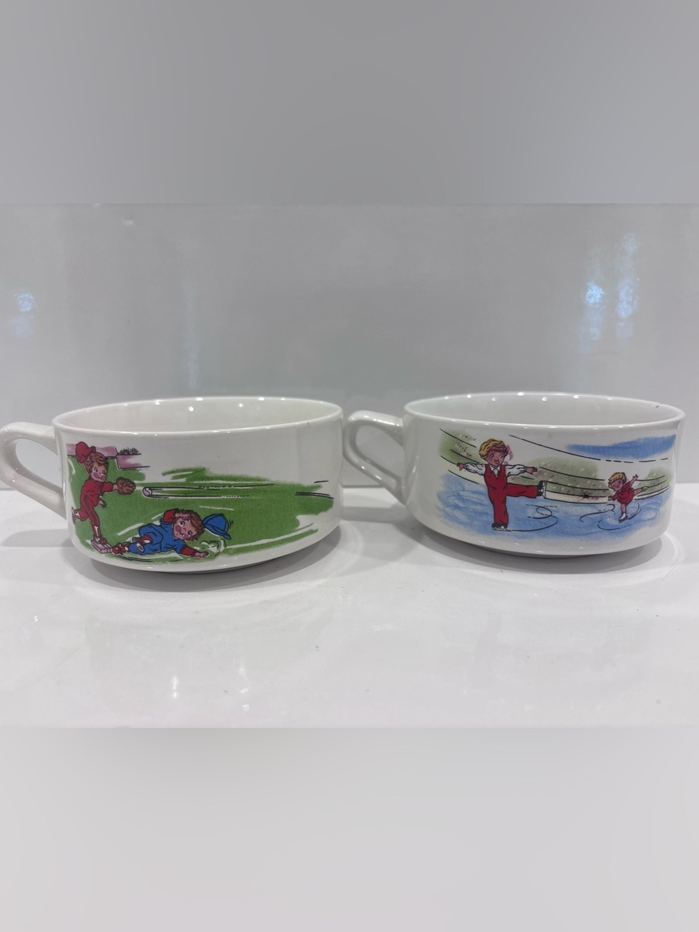 Pair of soup bowls with vintage images of kids skating and baseball sport theme